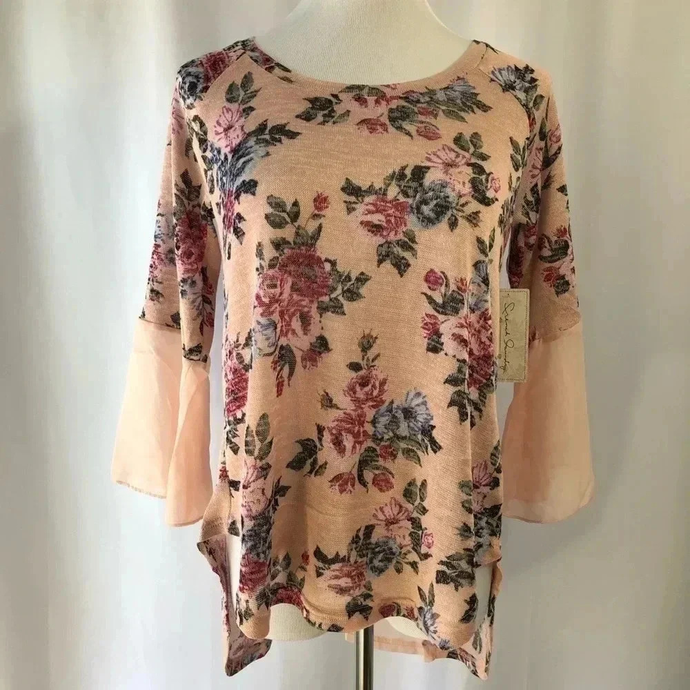 French Laundry Floral Top Womens Small Peach‎ Bell Sleeve High Low NWT